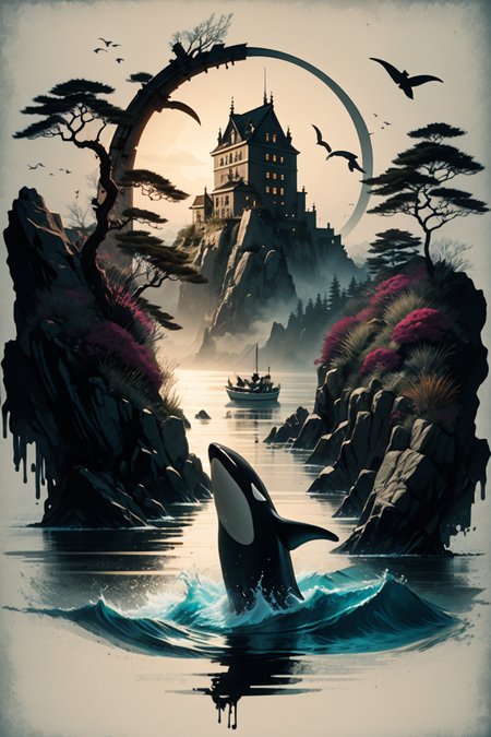 <lora:Calligraphy-ink-style-darquelilly-v1:1> calligraphyinkstyle, under water, atlantis, orca and fishes, volumetric lighting, night time, moonlight reflects in the water, black background