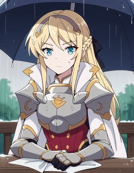 score_9, score_8_up, score_7_up, source_anime, <lora:hildegard-minas-lestia-s2-ponyxl-lora-nochekaiser:1>, hildegard minas lestia, long hair, blue eyes, blonde hair, braid, french braid,, thighhighs, cape, armor, shoulder armor, breastplate, gauntlets,, rainy day, umbrella, walking home, puddles, wet hair, , sitting, elbow rest, table,, looking at viewer, solo,, dutch angle, cowboy shot