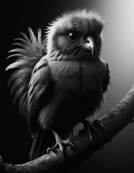 Creature,biomimetic,serene,life form,elusive ,feathered appendages,tufted-tailed,fuzzy <lora:ral-chrosc-bw:1> ral-chrosc-bw