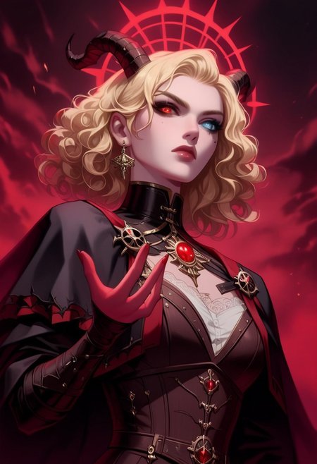 masterpiece,best quality, highly detailed, score_9, score_8_up, score_7_up, score_6_up,source_anime, quality hands, five fingers, perfect hands, dinamick angle, low angle from above, side view, she points forward with a long fiery sword,
BREAK
fantasy style, medium shot of a sexy woman posing in front of dilapidated dark cult chapel, demonologist, pale skin, long curly hair, multicolored hair, angry face, heterochromia, demonic hand, vestigial demonic horns, huge breasts, (red battle robe), dragonskin armour, (gold eye and red eye), flat colors, black line art, low camera angle, dynamic pose, looking confident, looking serious, looking off into distance, gloomy background, masterpiece, best quality, high quality, absurdres, realistic, UHD,,  18 years old, (masterpiece, best quality ), steampunk, organic, a colorized photo, aestheticism, Constance Gordon-Cumming, medieval, a flemish Baroque, renaissance,