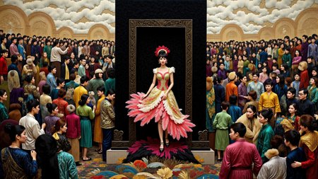 Macro photo, Chinese 1960s theme of crowds, white-toned <lora:BlackColor:1>, intricate black and pink and brass naturalistic Color Field Painting photo. The main subject is a plump teen shocked opera diva wearing a feathered outfit standing in front of a mysterious black monolith. The setting is busy and eldritch. The overall mood of the photo is of a decrepit moment in time. The photo has been tinted here and there with green translucent dye. <lora:FLUX.1-DEV_-_Wild_1960s_Fashions_LoRA:0.9> <lora:Embroidered_Quilting_Flux:0.7> <lora:midjourney_whisper_chromaplex_v1:0.7> <lora:MorrisCo:0.3>