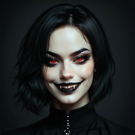 portrait of girl, purple and black hair, bob haircut, black background, black lipstick with fangs visible, dark makeup, long eyelashes, high contrast, vibrant color palette, red eyes, black clothes, detailed face, sharp details, realistic digital painting, evil grin