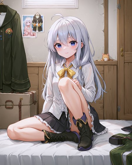 <lora:Majo_Elaina_XL:0.8> elaina, blue eyes, white hair, hair between eyes, long hair, bangs, ahoge, braid, single braid, hair bow, pink bow, jewelry,bow, ribbon, yellow ribbon, neck ribbon, shirt, white shirt, collared shirt, dress shirt, frills, skirt, black skirt, pleated skirt, frilled skirt, boots, black footwear, pointy footwear, sitting,, <lora:9_Detail_Tweaker_XL:0.8>, score_9, score_8_up, score_7_up, source_anime, masterpiece, best quality, highly detailed background, cinematic lighting, detailed eyes, perfect face,, lazy, teenager room, messy, bedroom, bed sheet, closet,