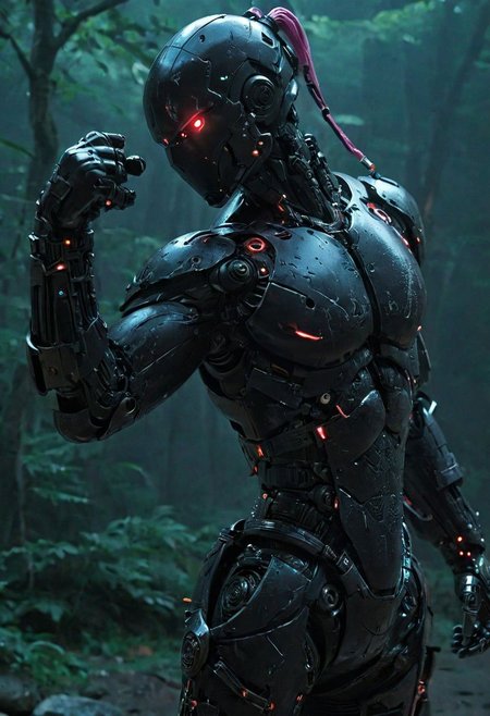 Closeup, grip, Colorful anime By herg, Neon Cyborg in Drunken fist Style, Leaning Backwards, A feudal cyborg in drunken fist fight stance, leaning backwards, Perfect Hands,very detailed, atmospheric haze, Film grain, cinematic film still, shallow depth of field,