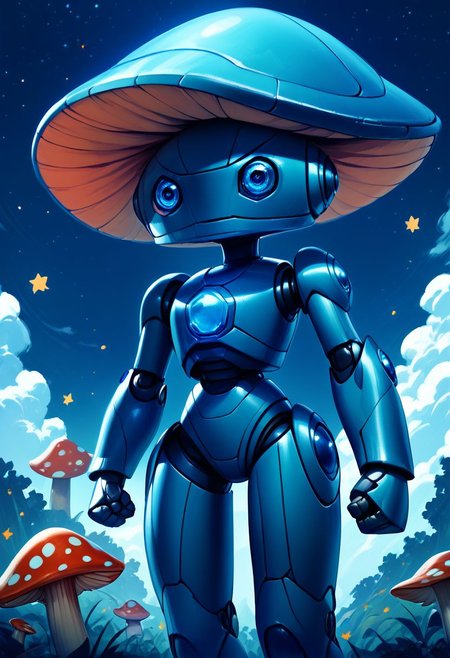 score_9, score_8_up, score_7_up,
zzMushroomGirl,
 CivBot, blue eyes, sky, cloud, no humans, glowing, stars, science fiction, fist, clenched fist, radio antenna, cowboy shot, blue robot,