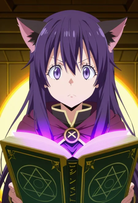 masterpiece, best quality, anime screencap, anime coloring, official style, , , 1girl, rem \(how not to summon a demon lord\), purple hair, purple eyes, long hair, cat ears, solo, magic academy, floating books, practice circles, arcane symbols, casting pose, concentrated expression, indoor lighting, <lora:tensura_style_ilxl:1>, tensura_style,