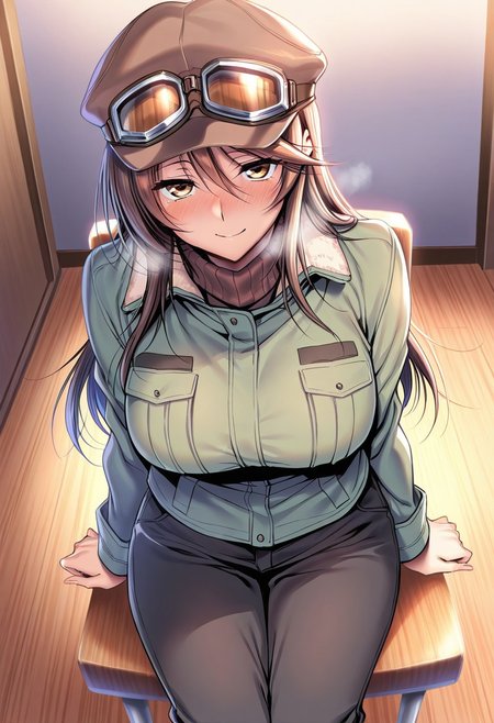 general,highres, ultra-detailed,very aesthetic,best quality ,best hands,masterpiece, best quality, newest, highres, score_9, score_8_up, score_7_up, source_anime, rating_explicit,1girl, yokota mamoru style,motion lines,Very straight nose，slim,slender face,perfect nose,torogao,seductive smile,looking at the viewer
Ichinose Honami,Brown hair, hair Parted to Side, Sidehair, Spiky Bangs, Waist Length hair,long hair,amber eyes,slim
1girl, solo, long hair, brown hair, goggles, blush, sitting, smile, hat, chair, breasts, wooden floor, looking at viewer, large breasts, jacket, goggles on headwear, pants, goggles on head, brown eyes, yellow eyes, black pants, long sleeves, breath,winter