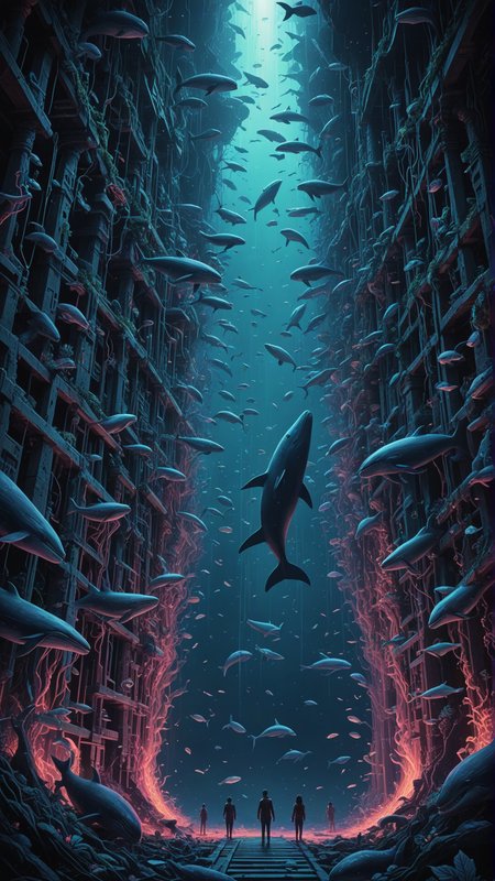Digital art illustration of a labyrinth, composed of neon lights and holographic images of whales, in a surreal setting, resembling a whale graveyard. The labyrinth is vast, with complex structures and maze-like patterns. The whales are depicted in a variety of sizes and poses, some suspended in mid-air, while others are half-buried in the ground. The atmosphere is mysterious and thought-provoking, with a mix of cold and warm color tones, creating a sense of depth and intrigue. The neon lights are vibrant and dynamic, casting long, dramatic shadows. The holographic images are sharp and detailed, yet dreamlike and ethereal. The overall mood is contemplative and awe-inspiring. <lora:add-detail-xl:1>, (Masterpiece:1.3) (best quality:1.2) (high quality:1.1)