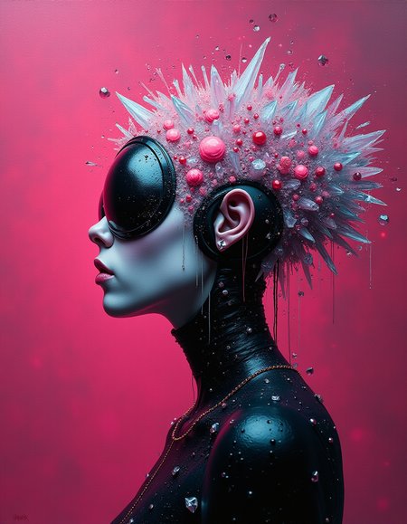 magenta white and black , oil painting, from the waist up profile, sharp focus, (biopunk:1.3) and (dark fantasy:0.5) and (retrofuturism:1.1),
unusual head, candies, transparent crystals, glitter.
saturated dirt color background. 
gemetric shape on background.
in the style of gerald brom and Joseph Cross.
The painting features dark tones, side lighting, high contrast, clean lines, high resolution, and high detail.