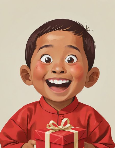 Indonesian kid portrait closeup, Gifts, Present Unwrapping, Joyful Surprises <lora:CKNEW_0.13_:0.85>