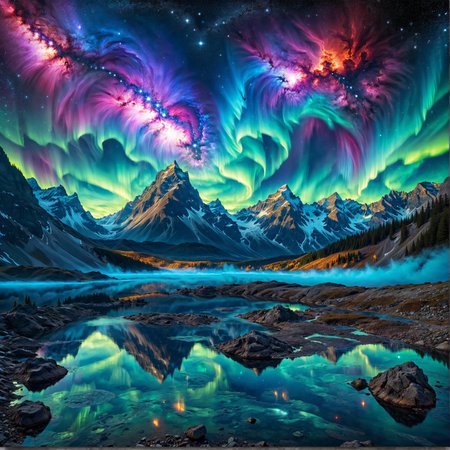 space with stars, masterpiece, supernovae, nebula,aurora,supernova,mountains