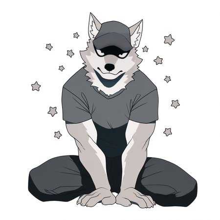 artist:juliathedragoncat,  sato_bna, grey fur, male, clothing, clothed, looking at viewer, topwear, bottomwear, shirt, sitting, nude, white-background, stars, action pose, dynamic-pose,  detailed, anatomically correct, (masterpiece,hyperdetailed,best quality), absurdres, highres, very aesthetic, high definition, amazing quality, <lora:sato_bna-25:1>
