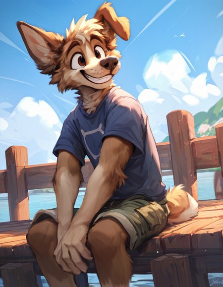 furry male adult dog, brown and cream fur, wearing a stripped blue tshirt and cargo shorts, sitting on the edge of a pier, looking at into the ocean, smiling, happy, expressive, sunny, blue sky,  <lora:Jacato_-_Art_Style:0.5> Jacato <lora:Jacato_Style_Pony:0.5>, score_9, score_8_up, score_7_up, score_6_up, score_5_up,