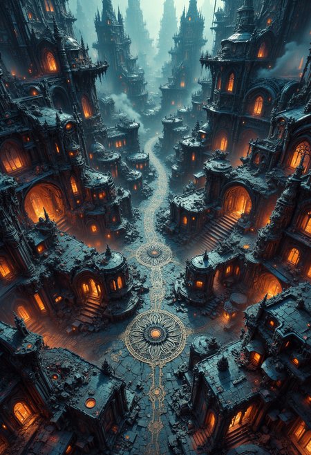 Bird's-eye view, ancient cyberpunk settlement, cyberpunk and gothic fusion. Intricate spatial composition, geometric planning, strategic shapes and brutalist patterns. Clustered gothic cyberpunk structures, neon lights, and bold gargoyle sculptures. Atmospheric interplay, ambient light, dynamic shadow, rich hues. Detailed architectural nuances, mosaic-like pathways, designed streets. Steampunk artifacts, monumental architectural details. Technical quality 8k, masterpiece, hyper-detailed imagery, intricate design, evocative textures, ethereal light, timeless narrative. <lora:flux-photo_v6:0.4> <lora:VividlySurrealOrigin:0.6> <lora:Dever_Flux_Enhancer:0.6> <lora:42lux-UltimateAtHome-flux-highresfix:0.25>