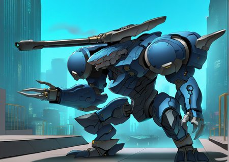 sfw, masterpiece, best quality,absurderes,no humans,turret,dorugoramon tank,outdoors,city,cyberpunk 2077  <lora:DorugoramonIllustrious:0.9>