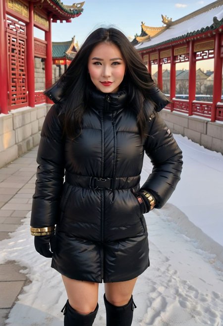 (((sherpa down jacket))), (((sherpa down coat))), (((sherpa puffer jacket))), (((sherpa puffer coat))), (((metal choker))), (((sherpa winter clothes))), (((metal cuffs))), (((cold))), (winter, snow, snowing, upper body:2.0), xiangling (genshin impact), black shorts, short hair, blue hair, hair rings with braids, yellow eyes, hair ornament, thick eyebrows, black gloves/brown gloves, fingerless gloves, chinese knot, (pressure padded cuffs:1.8), (pressure padded collar:1.8), (Thick padded cuffs:1.4), (Thick padded collar:1.4), <lora:Collar-SDXL:0.75>, <lora:Cuffs-SDXL:0.75>, <lora:fashion_lora:0.6>