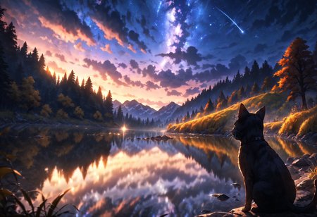 masterpiece,very aesthetic,best quality,absurdres,shooting star,beautiful view,brilliant clouds,reflective water,the surface of the lake under the stars,the back of a black cat,(horror hides beneath the beautiful landscape:1.2),(mysterious and eerie atmosphere:1.2),detailed background,perfect composition,ultra-detailed,intricate details,Cinematic Lighting,wallpaper,colorful,moody lighting,fantasy,starry_background,depth of field,lens_flare,no humans,<lora:LimbusCompanyStyle_AnimagineXL:1>,<lora:RMSDXL_Enhanceæå¾:5>,