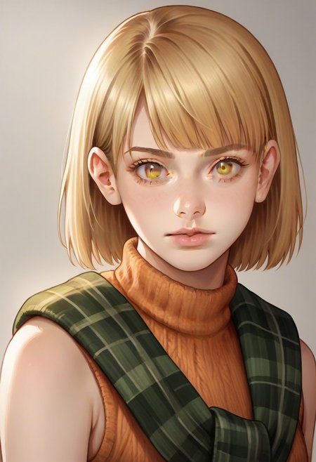 <lora:ashleygraham:0.9>, ashleygraham, photorealism, 1girl,solo,blonde hair,bob cut,bangs, golden eyes,orange turtleneck,sleeveless,brown sweater over shoulder,,green plaid skirt,brown belt, ,,,