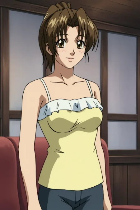 score_9, best, masterpiece, uncensored,
indoors,
1girl, solo, 1990s (style), retro artstyle, official style, smile,
ShinjinTourConductorPonytailGirl, yellow camisole with white upper frills, black pants,
<lora:ShinjinTourConductorPonytailGirl:0.8>​​​