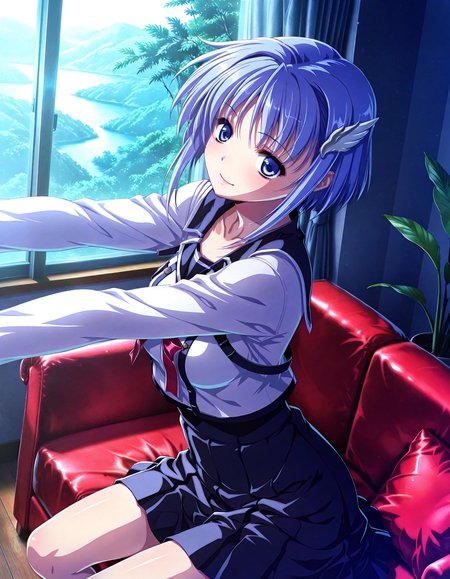 (1girl, solo:1.3), (2girls, 3girls, 4girls, multiple girls, 2boys, 3boys, 4boys, multiple boys:-1.5) <lora:Kajio_Honoka_Denshanai_de_Now_Illustrious:0.9>, kajio_honoka, medium breasts, blue eyes, blue hair, short hair, bangs, sidelocks, hair ornament, school uniform, serafuku, red ribbon, black skirt, pleated skirt, light smile, open eyes, general, contrapposto, dynamic pose, outstretched arms, portrait, from side, from above, dutch angle, indoors, living room, couch, cushion, round table, window, outdoor view, curtains, (green theme:1.2), plant, potted plant, flower, (perspective:0.7), <lora:NOOB_EPSv1_1_detailer_by_vlnvk_v1_0:1.5>, (photo background:0.7), day, (tachibana yuu:0.6), inue shinsuke, (kazuma muramasa:0.0), saikawa yusa, (aoi manabu:0.6), abarerumidori, (suzui narumi:0.6), masterpiece, newest, absurdres, 8K, anime screenshot, anime coloring, flat color, official art, film grain, <lora:illustriousXLv01_stabilizer_v1.185c:0.7>, <lora:LECO_Solo:-4.0>,