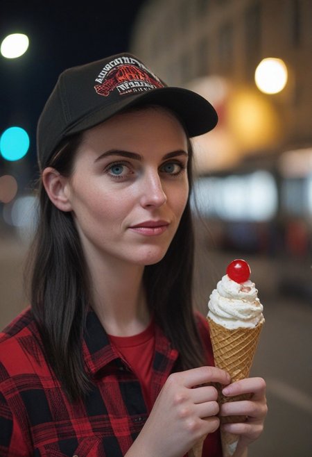 A 30yo woman eating a cone icecream.  blue eyes. perfecteyes
Wearing Jeans and Plaid red shirt with a hat/cap red. 
Long dark black slick back hair. No makeup.
Night time, Street light. 
Looking at camera POV. 
Medium Close Up shot.
Bokeh. Bokeh light.  
Blurred background.