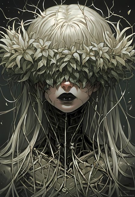 score_9, score_8_up, score_7_up, score_6_up, score_5_up, score_4_up,   <lora:cr34tur3g0r3XLP:0.8> cr34tur3g0r3, 1girl, flowers, cyborg, wires, broken, white hair, messy hair, hair covering eyes, hair over eyes, blunt bangs, black lipstick, robot