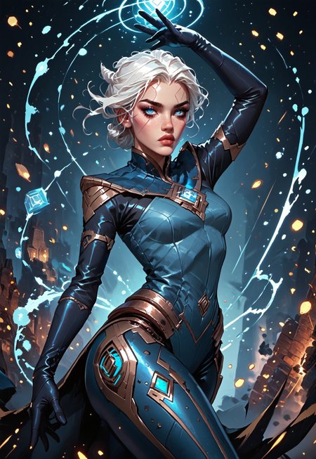 ((zPDXL3)), ((masterpiece,best quality, highly detailed)), ((score_9)), score_8_up, score_7_up, score_6_up, score_5_up, score_4_up, Digital painting style, brushstrokes, ((EnhanceImage)), solo, 1girl, CarmilleLoLPXL, blue eyes, white hair, short hair, wide hips, large breasts, blue gem, blue bodysuit, elbow gloves, black gloves, robot joints, wide hips, 
Expressiveh, 30yo, adult lustful confident woman, petite, slender body, perky saggy natural breasts, full lips, bangs, sidelocks, straps,
chinese magical sorceress, animated, swirling magic, wisps of magic, ((dancing pose)), tight squeezed outfit, magical accessories, evoking motion, conveying motion, dynamic splash art, 
<lora:PainterlyFantasiaPDXL:0.6>,