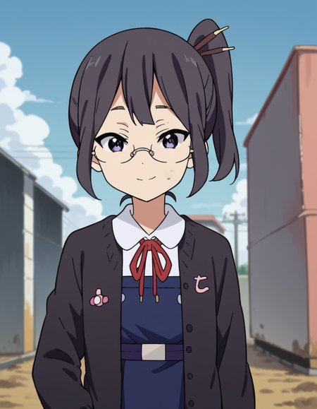 score_9, score_8_up, score_7_up, source_anime, <lora:shiori-asagiri-s1-ponyxl-lora-nochekaiser:1>, shiori asagiri, short hair, black hair, hair ornament, glasses, purple eyes, side ponytail, hair stick,, school uniform, open clothes, cardigan, open cardigan, ribbon, red ribbon, dress, blue dress, black cardigan,, construction site, machines, workers, progress, dirt, smile, smug, hand on own hip,, looking at viewer, solo,, dutch angle, cowboy shot