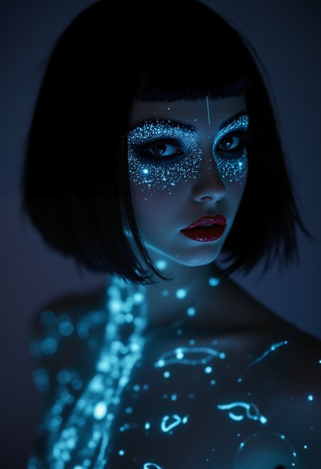 Avant garde, three-quarter view, portrait of an 18-years-old girl, fair skin, dark makeup, dark red lipstick. black bob.
Simmetrical, mask shaped, pattern filigree black paint around her eyes.
Her body is that of a bioluminescent skeleton.
A spotlight illuminates her face