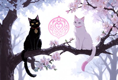 A monochromatic, black-and-white photograph of two cats sitting on a tree branch, facing each other in an intimate and harmonious pose. The left cat is black, while the right cat is white, creating a striking contrast. They are surrounded by delicate, blooming branches with small flowers, adding a serene and romantic atmosphere. The background is softly blurred, focusing the viewer's attention on the cats and their interaction. The lighting is soft, emphasizing the texture of their fur and the gentle ambiance of the scene.
<lora:Anime v1.3:1.2> <lora:Blue_Future:0.9> <lora:Ethereal Brush Anime v2.0:0.6> <lora:It's a LoRA for portraits, BUT! actually specialized in backgrounds. v1.0:0.2>,pink heart in front of them,  white sphere on the background