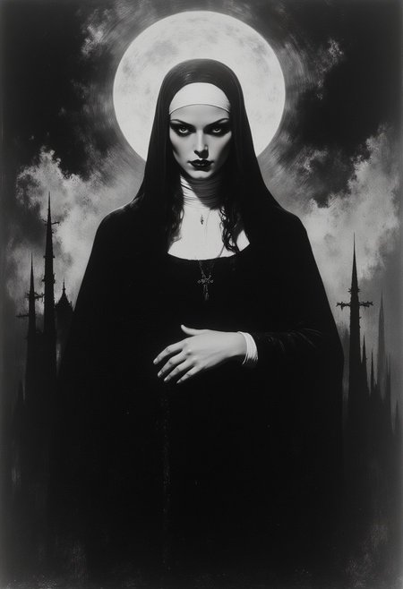 Black and white image, scary religious mystique, fascinating, mythp0rt, ArsMovieStill, 20s Silent Movie Still
