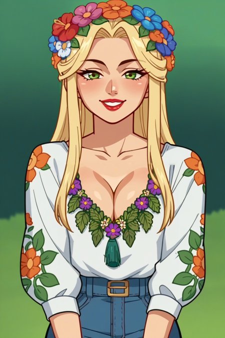 score_9, score_8_up, score_7_up, score_6_up, score_5_up, score_4_up, BREAK source_anime,anime screencap,rating_explicit,1girl,solo,anime screencap,smile,sexy pose,cleavage,flower in hair,
edgVyshivanka,wearing edgVyshivanka,lipstick,puffy lips, edgVyshivanka_style_embroidery<lora:edgVyshivankaPony:1>