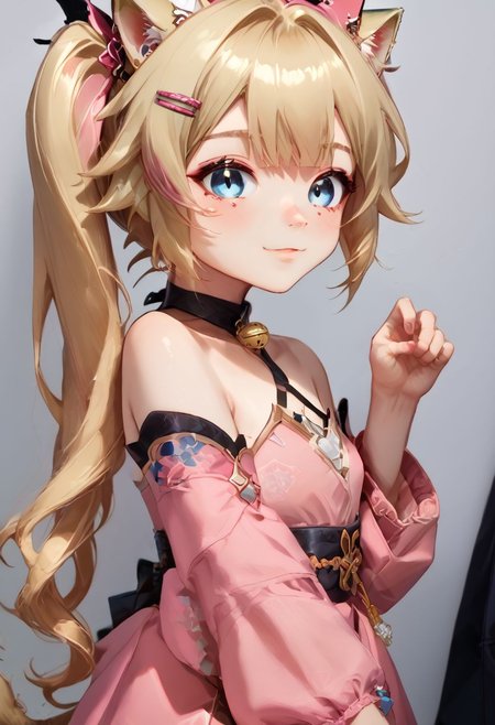 anime art. catgirl with blonde hair, ponytails,  blue eyes, pink shirt, hairclip, flat chest, cute pink dress, cat tail, blooming blosssoms