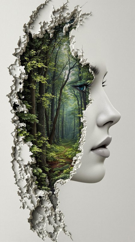 A woman's face, a portal into a mythical forest carved into the side of the woman's face.