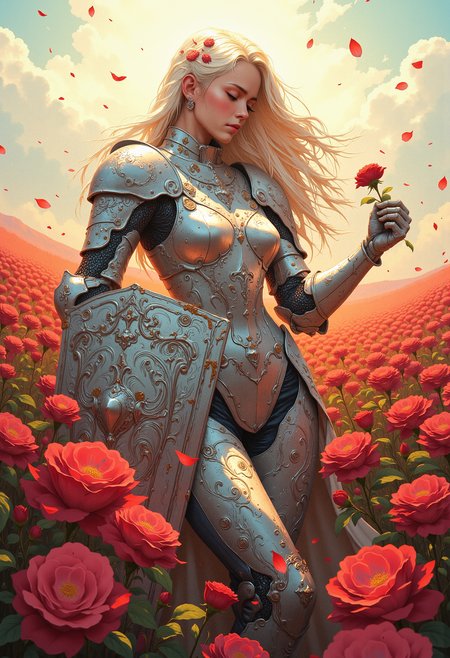 A regal female knight in ornate silver armor stands amidst a field of blooming red roses. The knight holds a single rose delicately in her gauntleted hand, gazing down at it with a soft expression. Her long, flowing hair is adorned with small rose petals, carried by a gentle breeze. At her side, a large shield decorated with intricate engravings of roses rests against her leg. The sunlight filters through the petals, casting a warm, golden glow over the scene, enhancing the romantic yet powerful atmosphere.   <lora:CPA:0.83> <lora:anime_martzv2:0.53> anime_martz,  <lora:FLUX-daubrez-DB4RZ:0.33> DB4RZ, DB4RZ style painting,