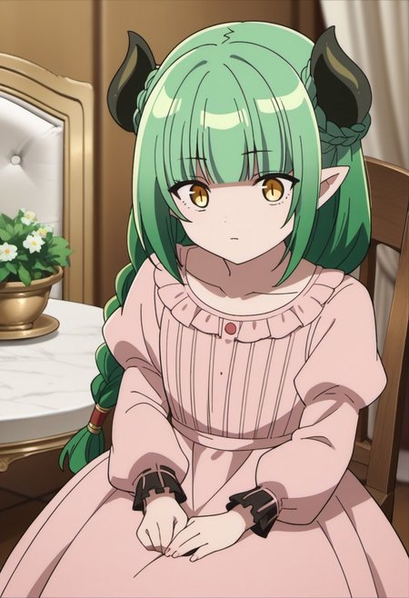score_9, score_8_up, score_7_up, source_anime, valefor, green hair, long hair, yellow eyes, braid, demon horns, 1girl, horns, solo, long sleeves, pink dress, dress, anime coloring, puffy sleeves, chair, blunt bangs, pointy ears, collarbone
