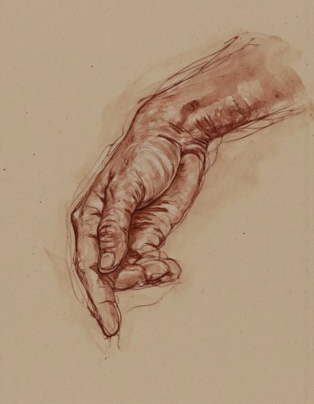 Art by Patrick Jones. A realistic, detailed drawing of a male figure from a top-down perspective, drawn in a realistic style with a focus on anatomy and texture. the figure is positioned in the middle of the image, with the upper body facing towards the viewer and the head slightly tilted upwards. it appears to be a single hand, with a long, curled wrist and a small, closed mouth. the hand is drawn with a smooth, contoured texture, and the skin is a warm, reddish-brown color. the drawing is on a plain, light brown paper background.
Shading, Freehand Drawing, Loose Lines, Gestural, Outline.