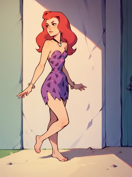 score_9, score_8_up, score_7_up, score_6_up, score_5_up,   <lora:AnnMargrockXLP2:1> ann margrock, 1girl, red hair, long hair, solo, barefoot, purple dress