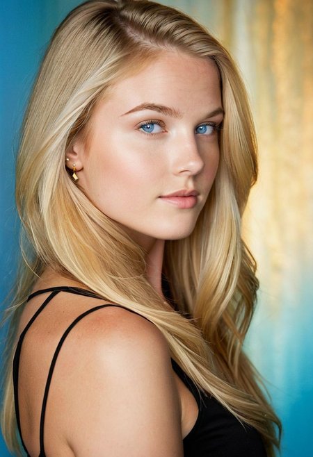 A beautiful photograph, from side, 1girl 22 years old, face of Holly Ann Carlson, thin, athletic build,  with fair skin, long blonde hair and piercing blue eyes. and exudes a confident and seductive aura. The background is a subtle mix of warm and cool tones, creating a depth effect that emphasizes the beauty of the person portrayed. The lighting is soft and natural, with a golden glow illuminating her face., photography
