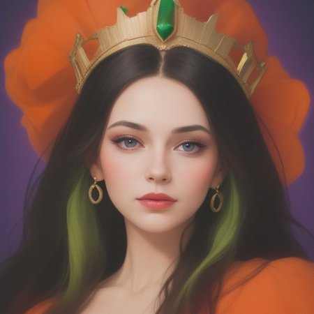 Portrait of a beautiful Queen.
Orange, red, green,  purple colors only.