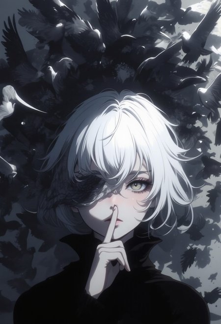 An Acrylic style painting that is expressive, gives it a dynamic and emotional quality. Anime art of a stylized portrait of a woman with a ethereal black and gray mist surrounding her body. The mist creates a dramatic and surreal effect. A pigeon's wing, which flies, covers one of the eyes, the front of the face. The woman has a cold aesthetic, complimented by her white hair. Anime art of woman draped in shadows with a lighting that enhances her unique features.
The background is dark gray, filled with  a pigeon swarm flying.
Holding finger to lips, shush, shushing motion,