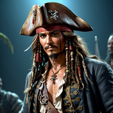 (Cursed pirates of the caribbean:1.44), misc, NijiEX style,  Hy Ceramic uppercut action dynamic contrast material, style by Dave LaChapara and Greg Hildebrandt with amazing neon metallic bilge accents ð¸, 8k octane masterpiece, full body shot, attractive body, rendered in unreal engine 5, ultra detailed, post-processing: very elegant, galactic theme colors with mystery inlay and border <lora:add-detail-xl:1>