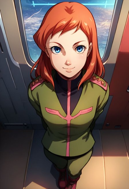 score_9, score_8_up, score_7_up, solo, 1girl, female focus, source_cartoon, 2D, solo, julie_power, red hair, blue eyes, flat chest, uniform, zeon officer, spacecraft interior, looking at viewer, smile, from above, full body