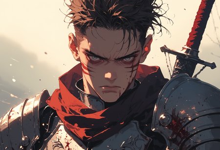 score_9, score_8_up, score_7_up,source_anime,1boy,solo,intense brown hair,faded haircut,grey eyes,perfecteyes,eyebrows,knight armor,shoulder armor,red scarf,blood,blood on his face,blood markings,serious look,angry,depth of field,sharp focus,blurry background,bokeh,looking at viewer,sinozick,flat colors