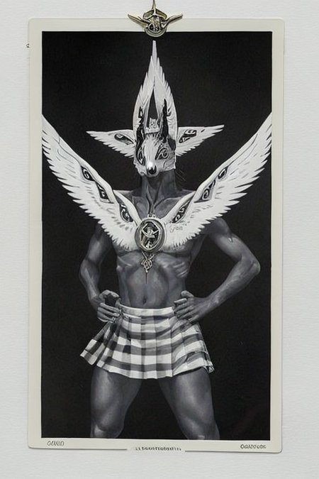 <lora:Tarotv0.2:0.8>, tarot card, b1bl1c4l mask, many wings, many eyes, Anubis crucified to the  Caduceus, twin symmetrical serpents wrap his body to the cross. in the background of the image are a pyramid, a wheel, a ((hammer)), a ((checkerboard square)). At the feet of Anubis GaelicPatternStyle 'the tendrils of the circuit reach out and connect with the borders of the tarot card. Anubis' feet on the cross point down to a minicomputer, which in turn fans out into a oblique expension of wires. cyberspace_background (background of (highly detailed line art, intricate, hidden meaning and illuminati symbols)), 8k, highly detailed, intricate subtle textures, porcelain, lace, smoke, {(owl, fox, moth) shoulders}, {{curtsey, skirtlift (((lifting white pleated skirt)))}}