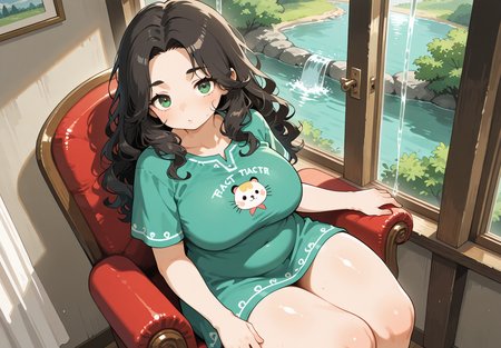 PonyScores7, source_anime, ah1, <lora:natsumi_style:0.5>, <lora:by_usakun-pony:0.4> by usakun, <lora:Akina_Bbw_Style_-_PonyXL:0.2> AkinBw
BREAK 1girl, (curly hair), long hair, (black hair:1.5), mature female, (parted hair:1.7), (round face:1.2), (thick eyebrows:1.2), (curvy), round-chin, (greenish brown eyes:1.4), (colorful eyes), (multicolored eyes), caucasian, (downturned eyes:1.2), (plump face), messy hair, <lora:Round_face:0.1>, <lora:ETO_OCPonyXL:0.5> eto_oc, skindentation, (plump:1.1), thick thighs, wide hips, busty, voluptuous, kinky curls, lips, <lora:venus body PonyXL:0.4>,  (indifferent), (sits on a plush chair, legs curled beneath them, with a thoughtful expression as they gaze out a window), (a calm lake surrounded by lush trees, with a waterfall cascading down rocks, creating a peaceful and inviting ambiance), looking at viewer, (Glowing Cosmic Galaxy rainbow color Cold shoulder tunic and leggings)
BREAK <lora:xl_more_art-full_v1:0.2>, <lora:shinyskin2:0.2> glistening skin, <lora:aesthetic_anime_v1s:0.2>, <lora:Expressive_H:0.2> Expressiveh, <lora:hairdetailpxl:0.2> hairdetailpxl, <lora:EpicF4nta5yXL:0.2>, <lora:detailxl:0.2> detailxl, <lora:Fant5yP0ny:0.2>, best quality, amazing quality, best aesthetic, absurdres, <lora:expressive eyes:0.2> expressive eyes, <lora:eyedetailpxl:0.2> eyedetailpxl, illustration, Volumetric_Lighting, ultra-detailed, very aesthetic, intricate details, 8k, masterpiece, best_quality 
BREAK (High Angle (from the side) view Extreme Close shot, focus on legs) 
BREAK <lora:Eyes_High_Definition:0.3> EyesHD, Stable_Yogis_PDXL_Positives, AS-Adult, <lora:Complicated fantasy portrait - XL Pony V2.0:0.4>, bad-hands-5, <lora:HDA_Detailer:0.2>, HDA_FatGirlXL,