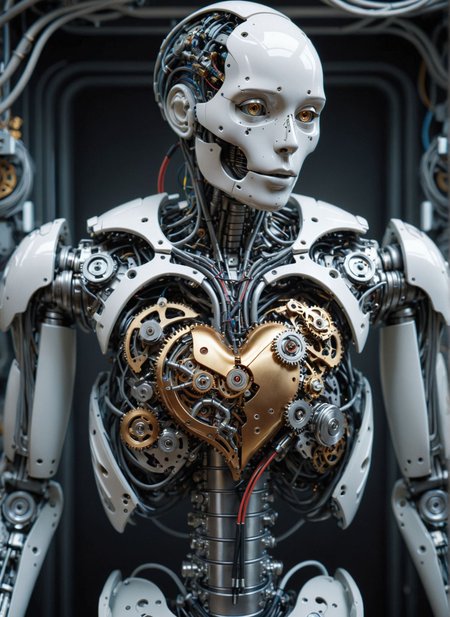 photorealistic, intricate clockwork heart in the chest of a humanoid robot, gears and cogs moving seamlessly, surrounded by wires and circuitry, set against a futuristic laboratory background, high detail and metallic sheen 
<lora:xray:1>
 <lora:WildcardX-XL-Detail-Enhancer:1>