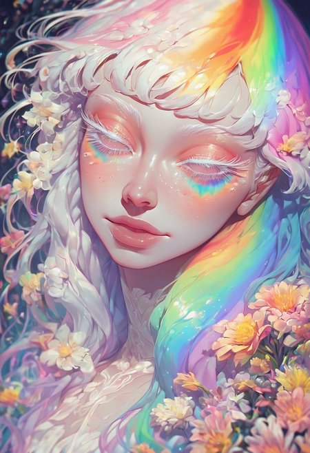 score_9, score_8_up, score_7_up, 1girl, girl, cute face, freckles, (bangs:1.2), long hair, rainbow makeup, (long eyelashes:1.4), half-closed eyes, white eyelashes,
pastel, flowers, vibrant, exciting, uplifting, happy, 
Expressiveh, th3rm4l, colorful, thermal, <lora:SDXLFaeTastic2400:0.65>,