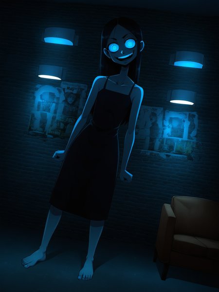score_9, score_8_up, score_7_up, score_6_up,
BREAK
1girl, black hair, long hair, parted bangs, big eyes, creepy eyes, expressionless, skinny, black dress, flat chest, tall female, barefoot, feet (head tilt:1.2), looking at viewer, creepy smile, open mouth, monster, hunched over, long neck, peeking, (dutch angle:1.6), crazy eyes, crazy smile, crazy, standing, pale skin, grey skin, reaching towards viewer
BREAK
purpledotnightclub, brick wall, concrete floor, indoors, wall lamp, couch, (blue neon lights:1.2), (blue light:1.1), blue theme, glowing, hall, poster \(object\), graffiti <lora:PurpleDotNightclub_Background:1>