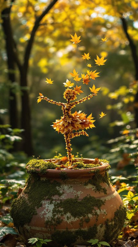 A whimsical miniature figure composed of delicately arranged autumn leaves, poised in a carefree dance on the rim of a weathered, moss-covered terracotta pot, set against a lush, vibrant forest backdrop, where dappled sunlight filters through the canopy above, casting intricate shadows. The overall aesthetic is ethereal, with warm, earthy tones of sienna, umber, and olive green, infused with hints of emerald and golden light, evoking a sense of wonder and enchantment, as if plucked from a fantastical realm.